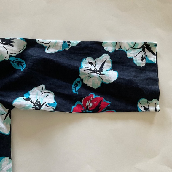 Talbots 100% Linen Beaded Neckline Navy Hibiscus Tropical Floral Tunic Dress XS - Picture 14 of 15